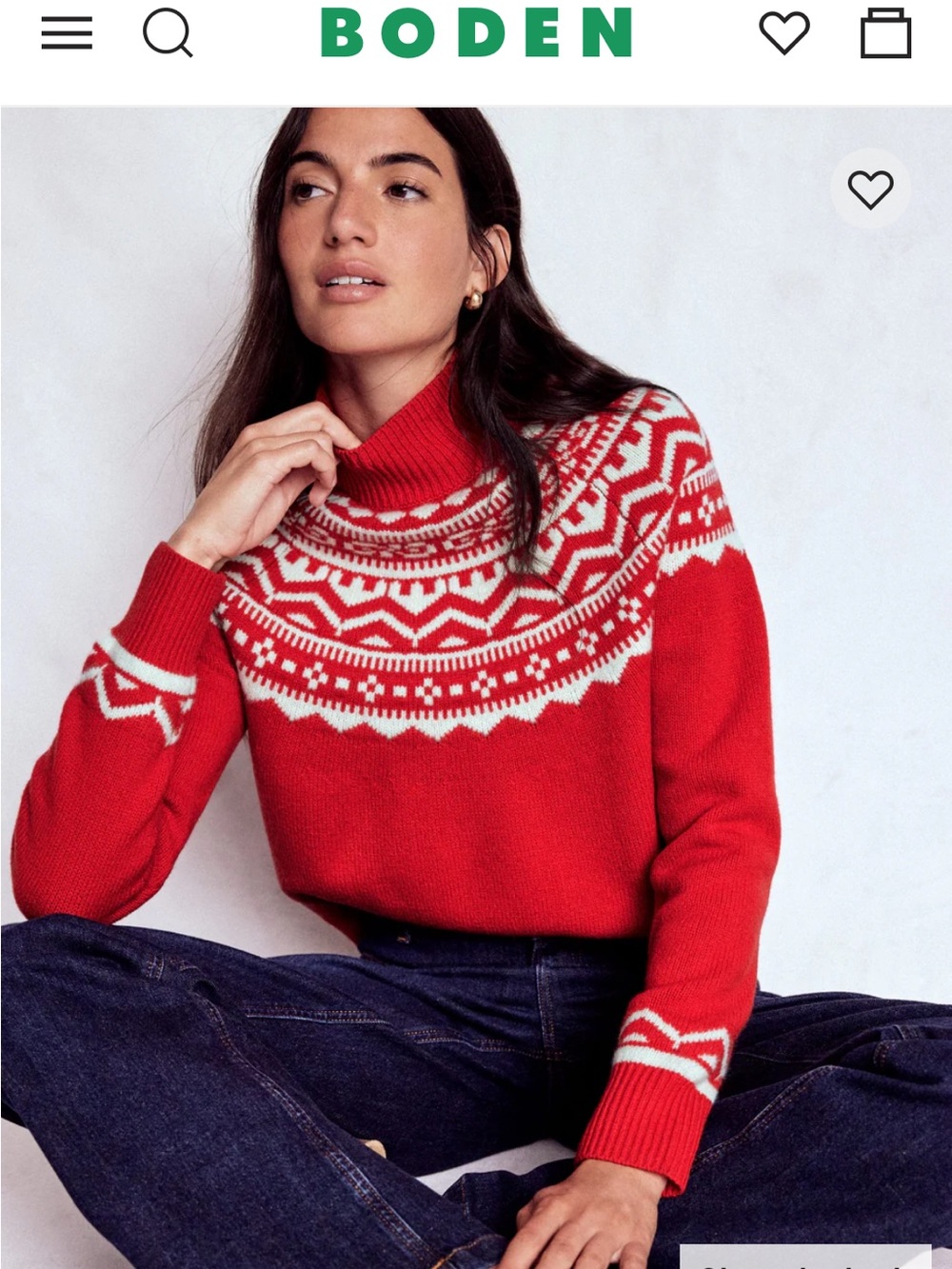 Marion Merino Rib Neck Sweater by Boden in the "Poppy Red Fair Isle". S